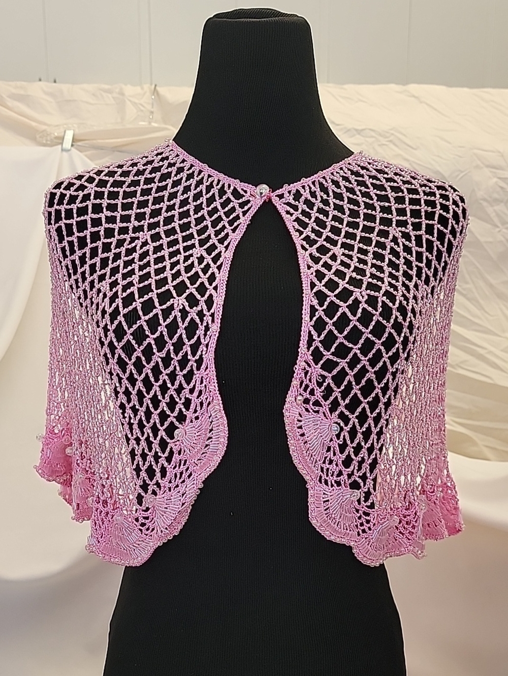 Handcrafted Pink Crochet Beaded Shrug Capelet Overlay